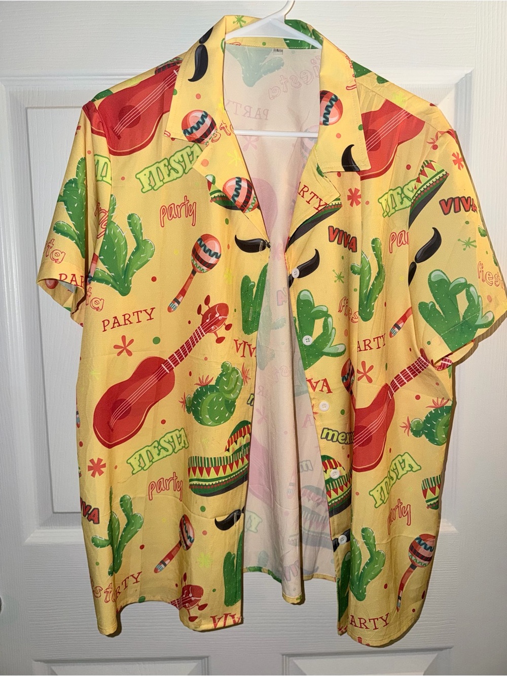 Source Unknown Yellow Fiesta Button-Down Shirt with Red Guitars & Green Cacti